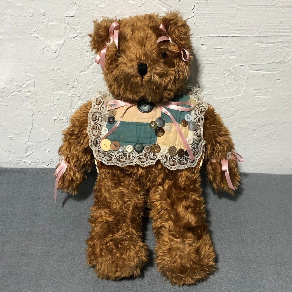 Vintage Plush Stuffed Doll Teddy Bear Bows Lace Buttons Antique CottageCore